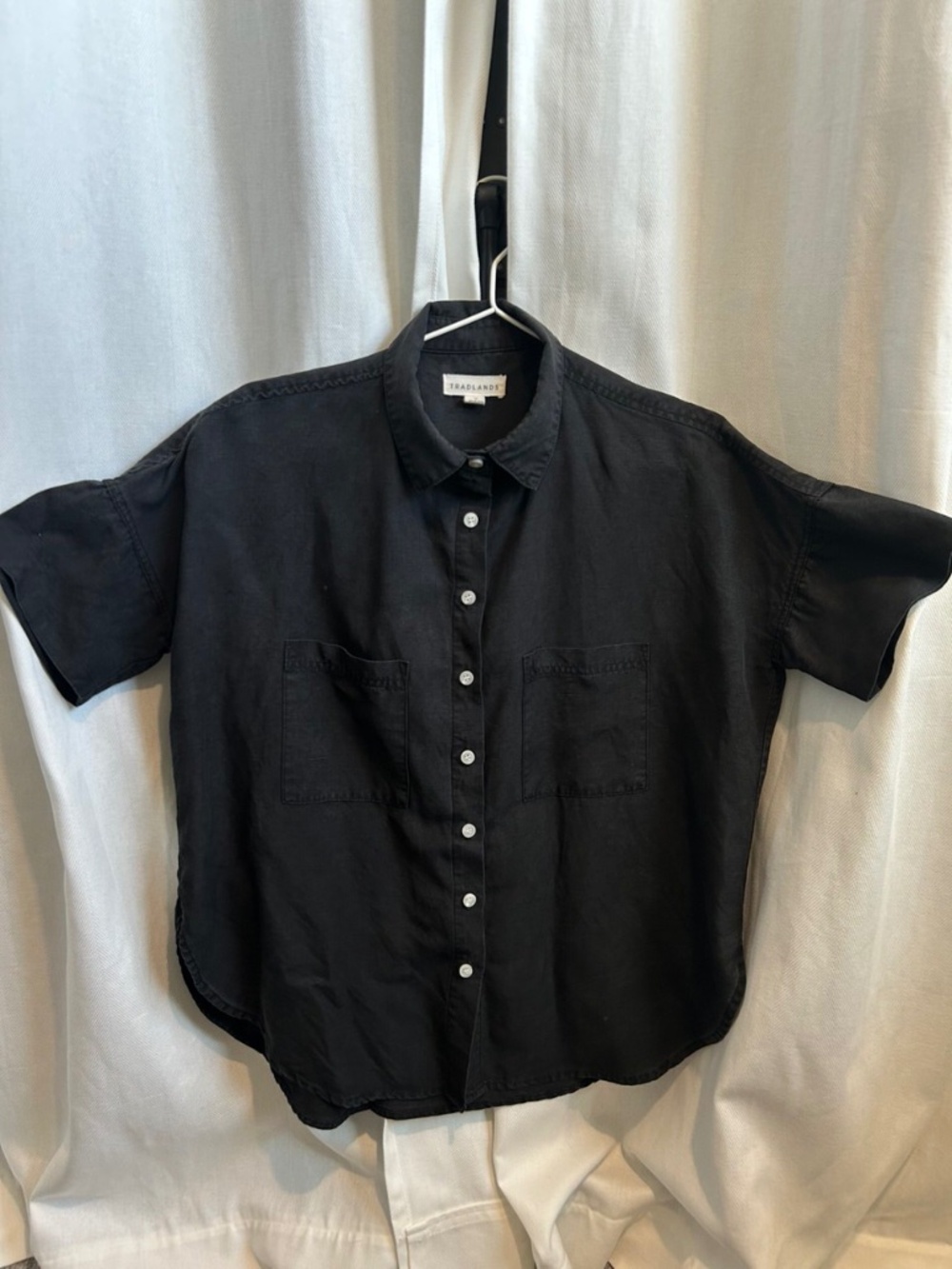 Tradlands Box Cut Linen Shirt Black Button Front Short Sleeve Top Size S